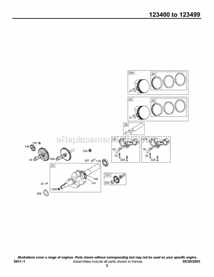 Cam Crankshaft Piston Group Diagram and Parts List for 123435-0168-E1  Briggs and Stratton Engine